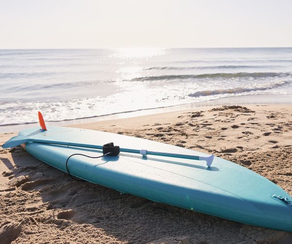 Paddle surf board in the sand on the beach at sunrise